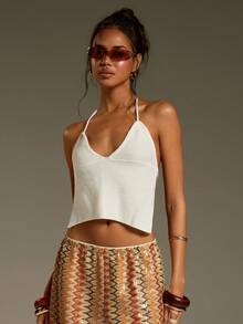 Athîral Women's Casual Vacation Halter Sleeveless Backless Sexy Knit Blouse, Spring/Summer - White - View 5