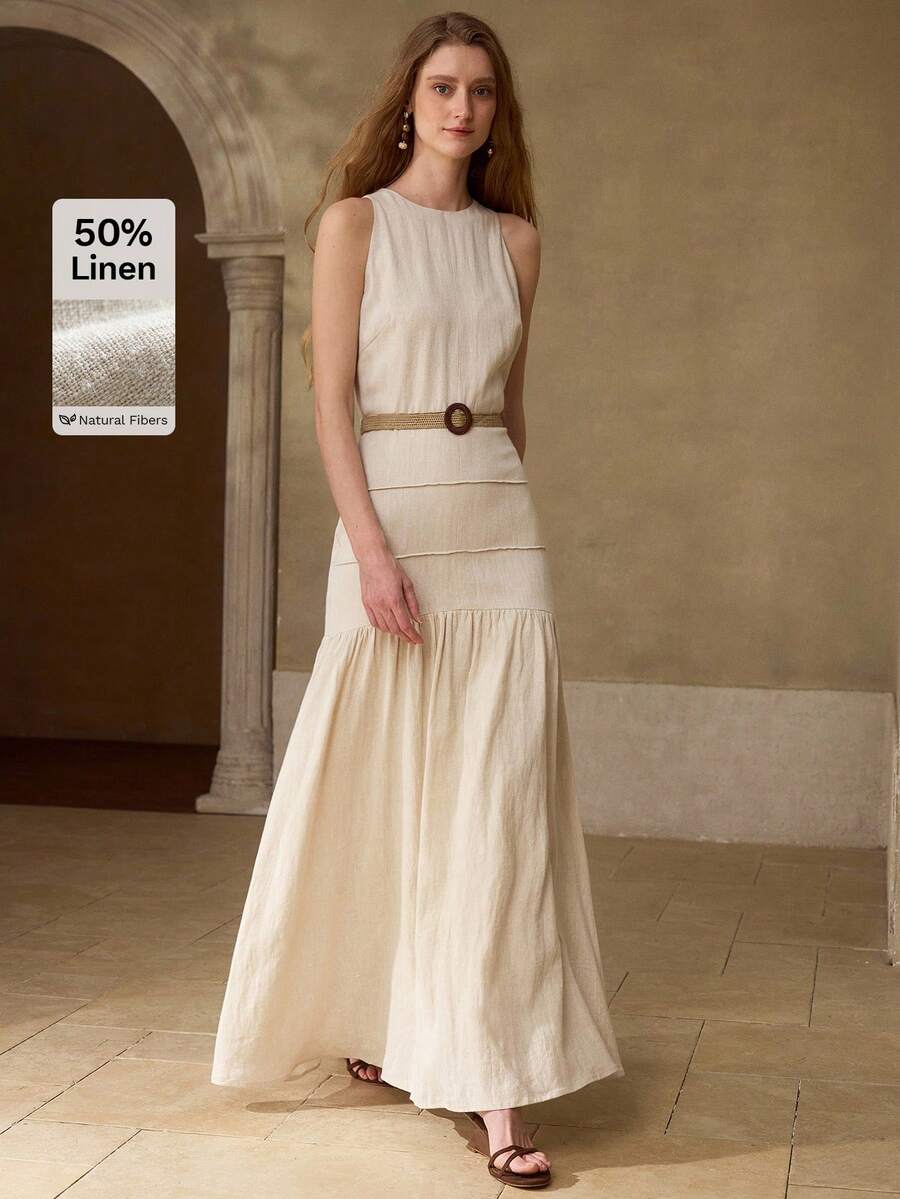 MOTF PREMIUM WOMEN'S 100% LINEN ROUND NECK SLEEVELESS MID-LENGTH CASUAL/DATE DRESS, SPRING/SUMMER - Apricot - View 1