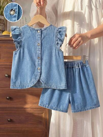 LMoss Kids 2件套少女宽松牛仔蓝上衣和裤子套装