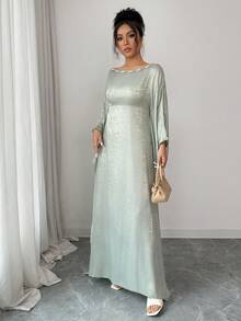 Elenzga Vestido elegante de manga de murciélago con aplicaciones bordadas para fiesta - Verde - Ver 4