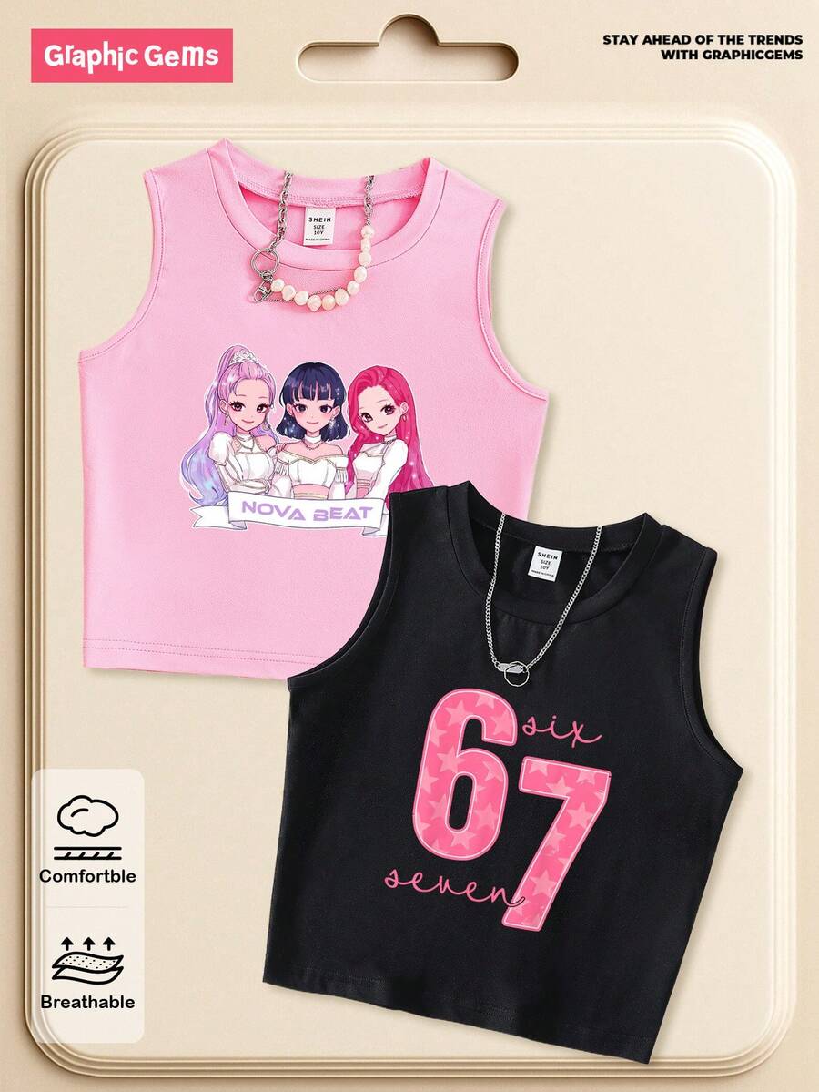 SHEIN 2件/套 67&星星印花时尚吊带背心,适合青少年女孩,女孩心形吊带背心,儿童心形吊带背心,女孩韩流印花可爱吊带背心,儿童吊带背心,适合春、秋、冬日常舒适穿着,黑色、粉色,适合春、夏、秋、冬四季,8-12岁 - 粉色 - 查看 1