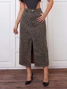 SHEIN ICON 女士高腰豹纹开衩下摆休闲牛仔裙 - 彩色 - 查看 5