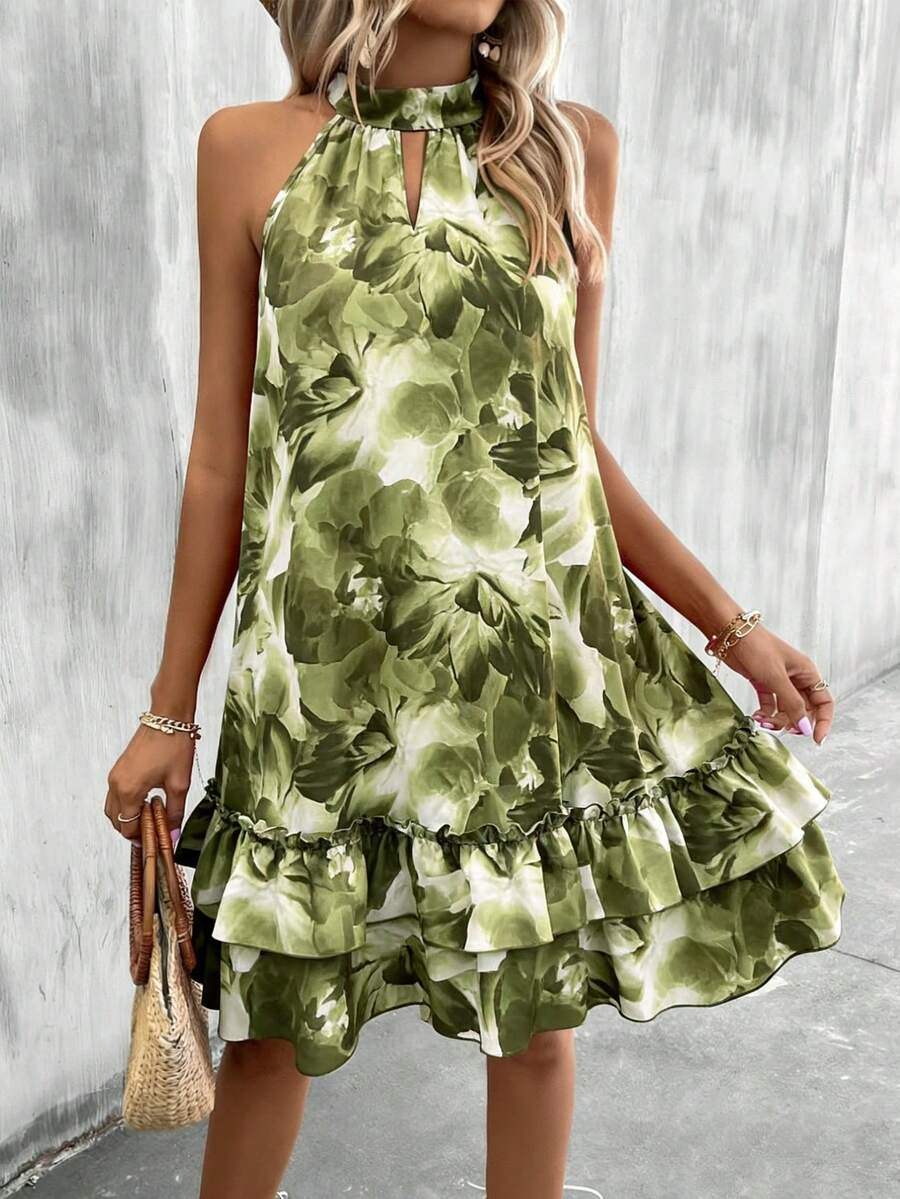 Breezaya 女士休闲优雅露背系带无袖荷叶边扎染印花宽松连衣裙，适合通勤、日常、约会、春季、夏季、海滩、派对等场合。 - 綠色 - 查看 1