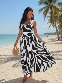 SHEIN Lady 女士时尚全印花露背吊带连衣裙，夏季 - 黑與白 - 查看 3