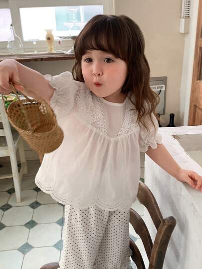 Dazy Kids Toddler Girls' Round Neck Lace Patchwork Puff Sleeve Top