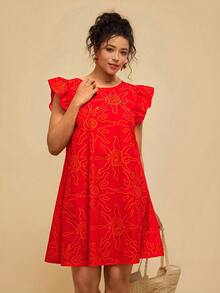 Travachic Plus Size Women's Red Abstract Line Print Dress, Round Neck Abstract Sun Pattern Loose Short Dress - Red - View 5