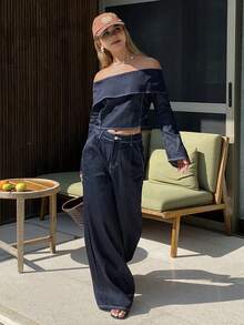 DAZY 女士纯色露肩荷叶边长袖短款上衣和阔腿裤优雅度假套装，春夏款 - 藍色 - 查看 4