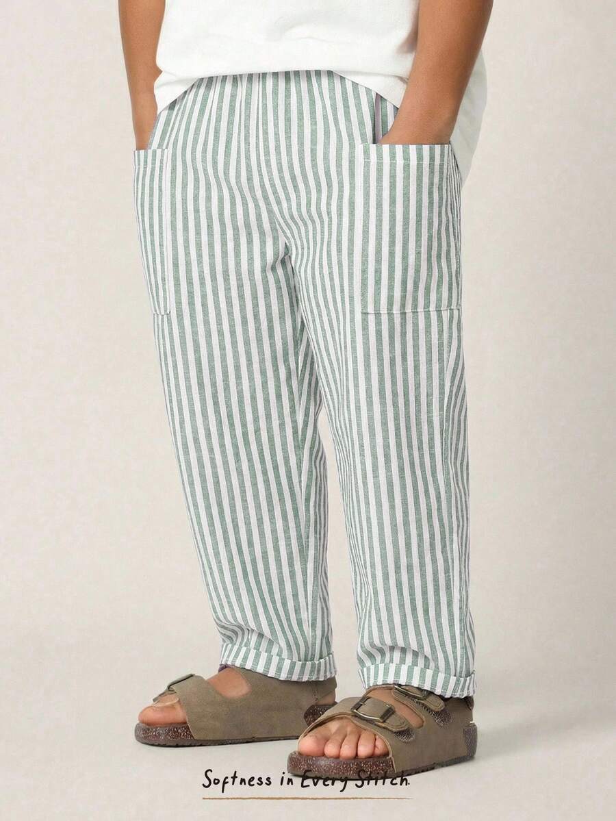 Cozy Pixies 男女童蓝白条纹松紧腰侧袋休闲裤，百搭舒适 - 薄荷綠 - 查看 1