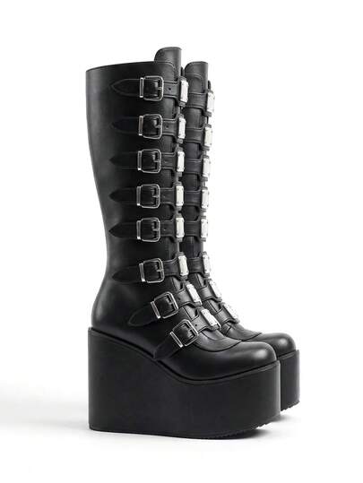 Whyspr 女式黑色休闲保暖靴，朋克扣饰高跟坡跟时尚性感轻便冬靴，适合万圣节、圣诞节、派对