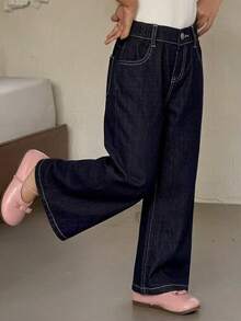 Young Girls Water-Washed Korean Style Flared Bowknot Embroidered Letter Casual Jeans - Black - View 7