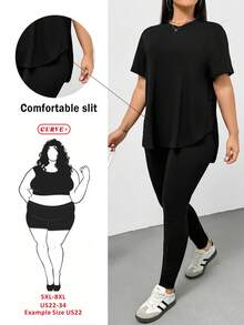 SHEIN CURVE+ 大码女式休闲运动两件套，舒适黑色短袖T恤和紧身裤，百搭日常穿搭、街头风、机场穿搭、Y2K时尚、简约设计、吸湿排汗面料 - 黑色 - 查看 1