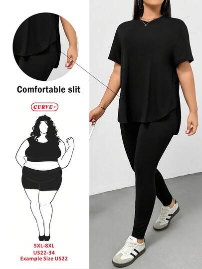 SHEIN CURVE+ Plus Size Women's Casual Sports 2-Piece Set, Comfortable Black Short Sleeve T-Shirt And Leggings, Versatile Daily Wear, Street Style, Airport Outfit, Y2K Fashion, Minimalist Design, Moisture-Wicking Fabric