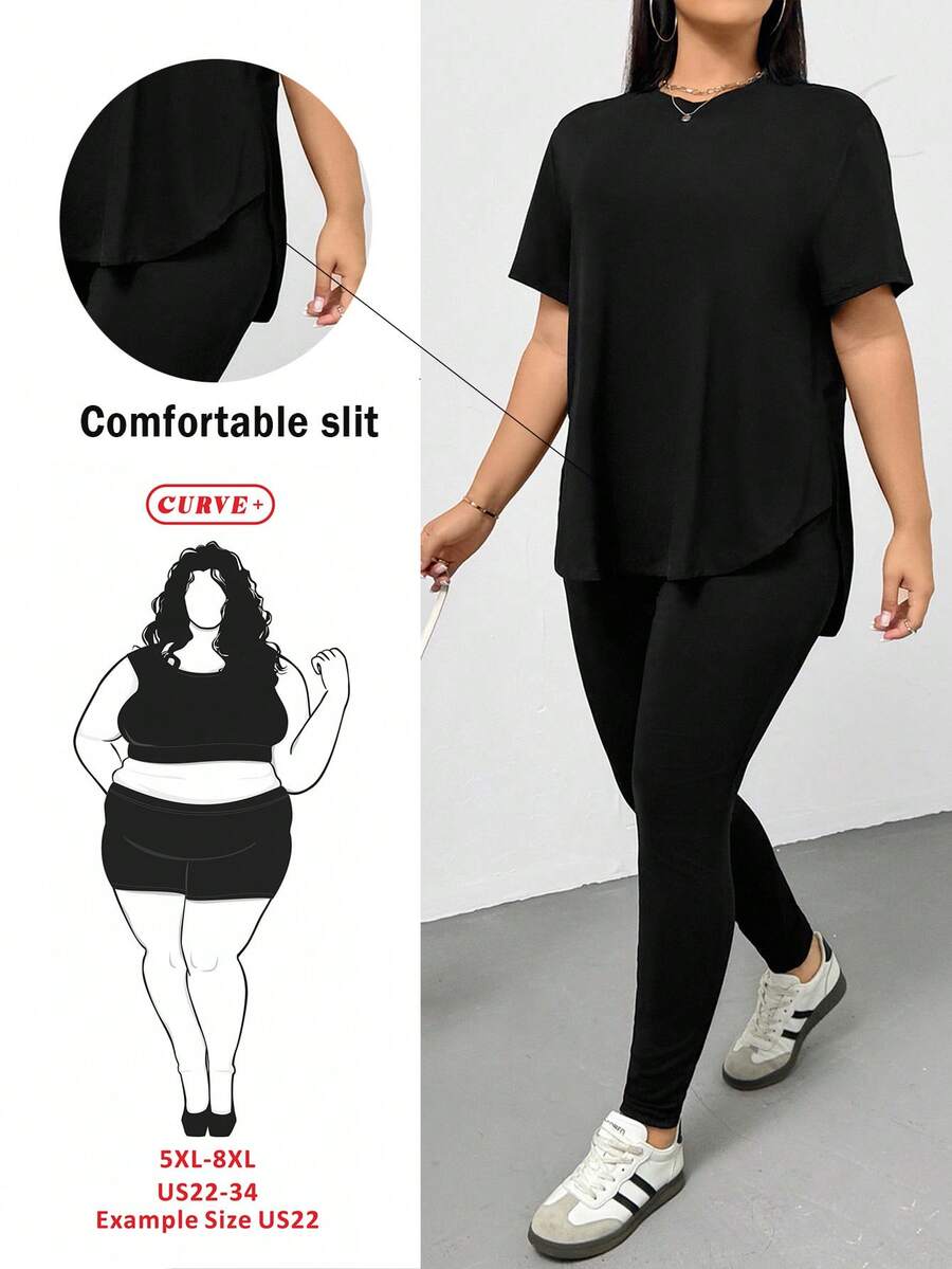 SHEIN CURVE+ 大码女式休闲运动两件套，舒适黑色短袖T恤和紧身裤，百搭日常穿搭、街头风、机场穿搭、Y2K时尚、简约设计、吸湿排汗面料 - 黑色 - 查看 1
