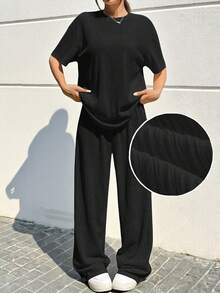 SHEIN EZwear 2 件套女式纯色宽松蝙蝠袖短袖黑色 T 恤和裤子休闲套装，加大码，2 件套夏季服装女士夏季服装，舒适两件套女式 - 黑色 - 查看 6