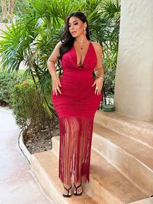 NU&NOW Vestido rojo sexy de talla grande con hombros descubiertos, espalda descubierta, lazo y flecos - Burdeos - Ver 4