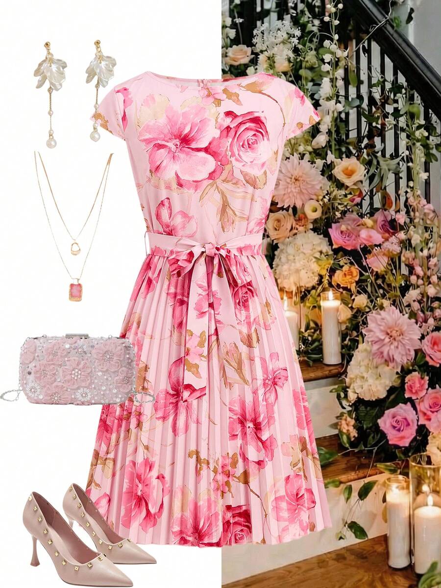 Ellevyn 浪漫优雅系腰玫瑰印花褶皱连衣裙 - 粉色 - 查看 1