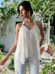 Firerie 女士优雅简约金属装饰上衣，适合日常办公通勤和音乐节等场合，春夏款 - 杏色 - 查看 4