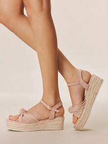 Styleloop Women's Fashion Solid Color Woven Casual Platform Wedge Sandals, Suede Bow Decoration, Bohemian Vacation Style Vintage French Canvas Platform Ankle Sandals, Western Style, Music Festival Party Clothing, Spring Summer Shoes Spring Break Easter Holiday Travel Essential Boho Cowgirl Outfit Coachella - Apricot 3 - View 9