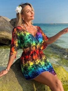 Swim Lushoire Women's Beach Vacation Tropical Print Loose V-Neck Midi Coverup - Multicolor - View 5