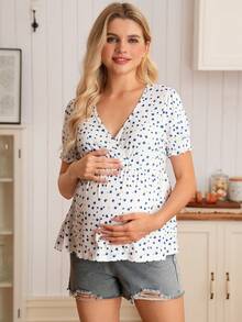 SHEIN Maternity Floral V-Neck Short Sleeve Nursing Top - Blue and White - View 3
