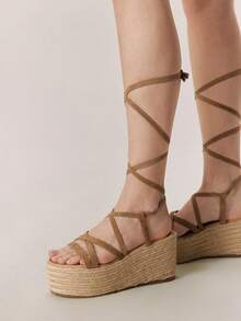 Styleloop Ladies, Straw Rope, Cross Straps, Lame-Heeled Platform Sandals, Vacation Atmosphere, Summer Wear, Travel Essentials - Khaki - View 3