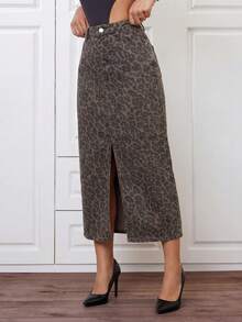 SHEIN ICON 女士高腰豹纹开衩下摆休闲牛仔裙 - 彩色 - 查看 4