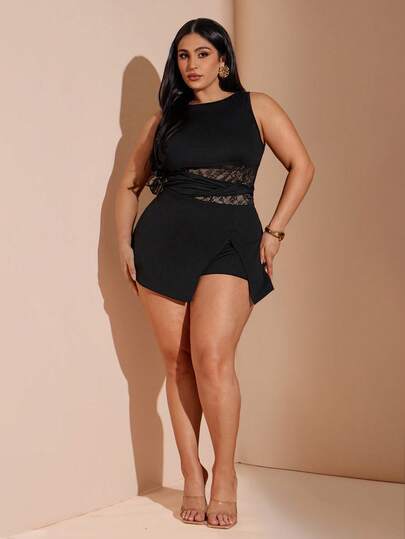 SHEIN BAE Plus Size Women's Round Neck Lace Patchwork Sexy Versatile Bodysuit,Body Suit,Elegant  Top,Sexy Bodysuit