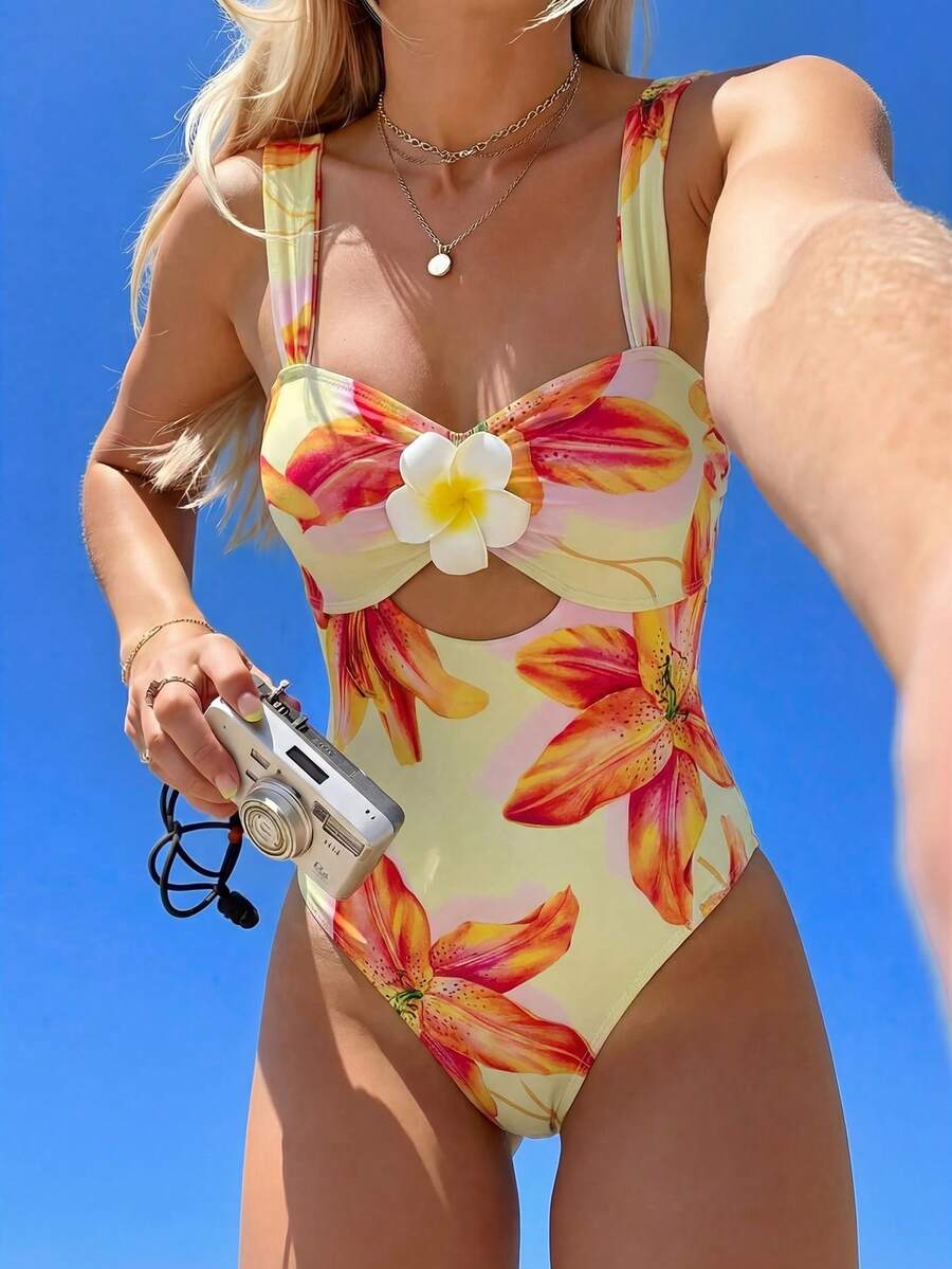 Swim Mod Áo tắm liền thân nữ họa tiết nhiệt đới, kiểu cổ yếm, điểm nhấn hoa, thích hợp cho đi biển, nghỉ mát, dự tiệc. - Nhiều màu - Xem 1