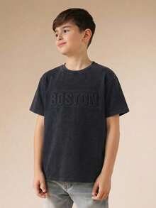 Tween Boy Letter Print Washed Vintage Short Sleeve T-Shirt,Navy Blue,Summer,Casual,School,Back-To-School,Comfortable Fashionable Versatile Soft Kids - Black - View 2