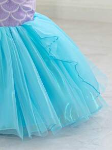 SHEIN Glamorique Kids Đầm công chúa cho bé gái, dây mảnh, tay ngắn, màu tím và xanh dương, kiểu đầm dạ hội, họa tiết vảy cá in kỹ thuật số, dễ thương, thích hợp cho tiệc sinh nhật, đám cưới, lễ hội hoặc các dịp trang trọng. - Màu xanh lam - Xem 6