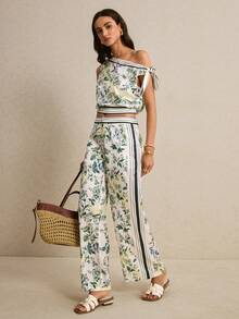 Poéselle Women's Floral Satin One-Shoulder Tie-Side Crop Top – Botanical Print Resort Blouse One Shoulder Top, Floral Crop Top, Satin Blouse, Botanical Print Top, Tie Shoulder Tank, Summer Resort Wear, Vacation Outfit, Boho Chic Top Floral Print Twist Front Asymmetric Shoulder Casual Blouse - Multicolor - View 4