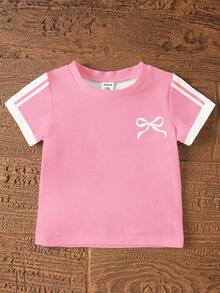 Elladie kids 女婴可爱蝴蝶结印花套装，女婴休闲简约撞色条纹短袖圆领上衣搭配修身撞色短裤，适合夏季、学校、居家、户外活动，可爱夏季女婴服装，韩版风格 - 彩色 - 查看 4