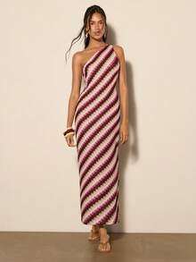 COSMINA 女士优雅不对称肩部粉棕条纹直筒长连衣裙，适合外出、海滩、度假和休闲场合，春夏皆宜 - 彩色 - 查看 1