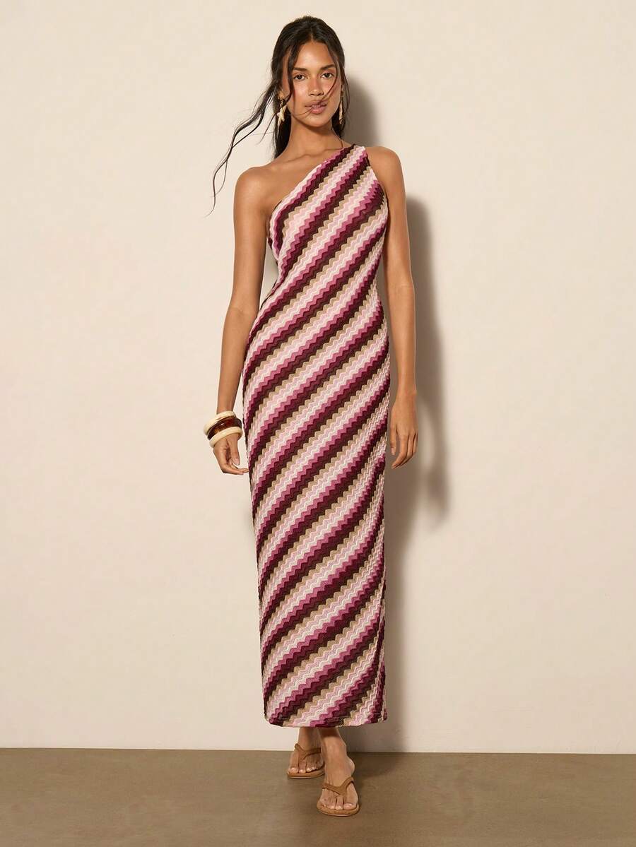 COSMINA 女士优雅不对称肩部粉棕条纹直筒长连衣裙，适合外出、海滩、度假和休闲场合，春夏皆宜 - 彩色 - 查看 1