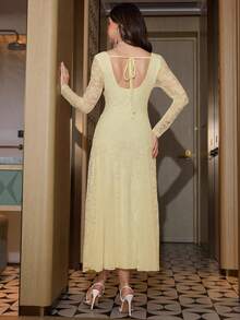 Modelyn Apricot Lace Ruffle Long Sleeve Mesh Patchwork Tie Back Elegant Midi Dress For Women - Yellow - View 2