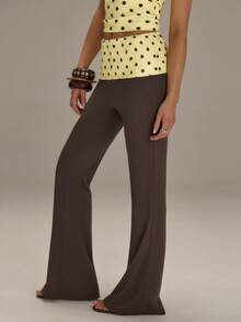 Athîral Women's Polka Dot Patchwork Flare Casual Pants - Mocha Brown - View 2