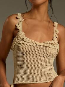 Athîral Women's Casual Sleeveless Off-Shoulder Cropped Knit Camisole Top, Suitable For Spring And Summer - Beige - View 4