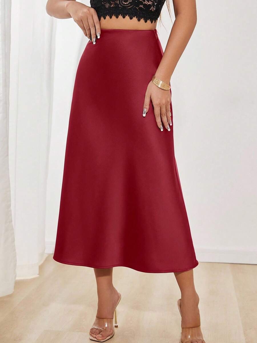 SHEIN PETITE Jupe en satin élégante et polyvalente pour femmes, jupe rouge, jupe élégante, jupe mi-longue Y2K, jupe mi-longue, vêtements de travail pour femmes de bureau, longue jupe élégante pour femmes, jupes élégantes pour femmes - Rouge - Voir 1