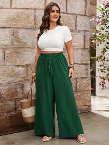 SHEIN Pantalones anchos de pierna ancha con cintura con cordón y dobladillo dividido, versátiles y casuales para uso diario, talla grande para mujeres - Verde - Ver 6