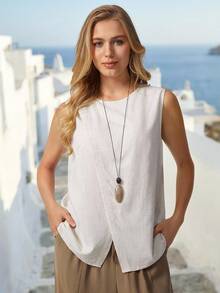 Parysyn Áo vest nữ không tay dệt kim cỡ lớn, kiểu dáng thường ngày. - Màu be - Xem 7