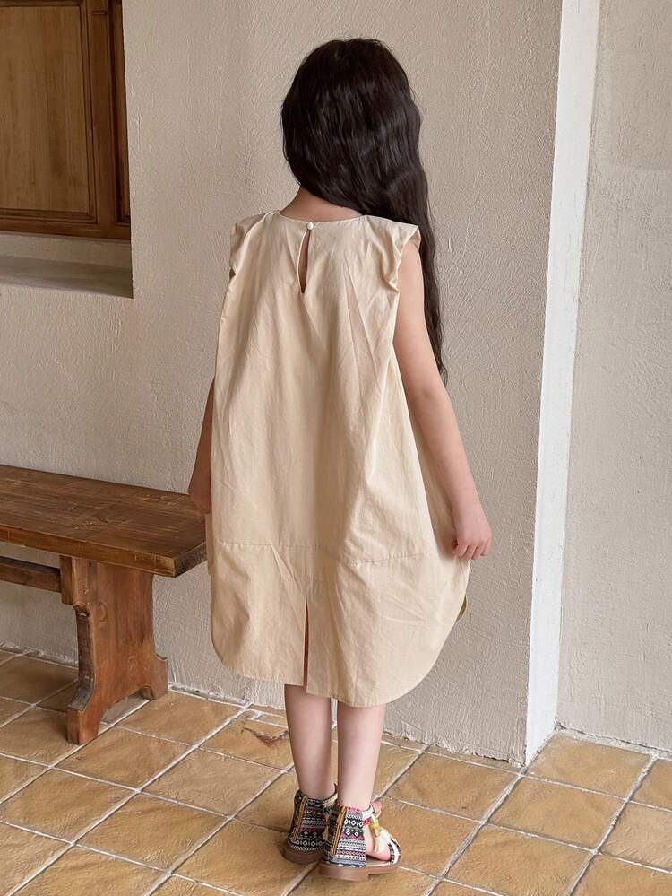 Tween Girls' Solid Color Round Neck Pleated Casual Loose Dress Summer