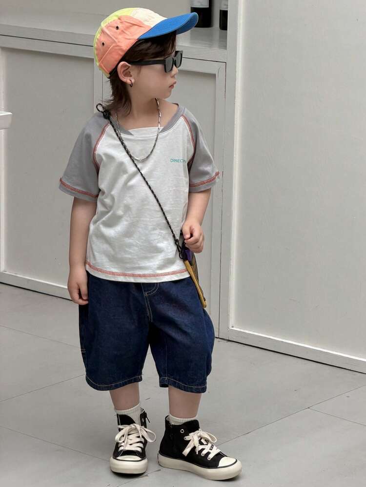 Young Boy Contrast Color Raglan Short Sleeve Crew Neck Casual Loose T-Shirt Summer