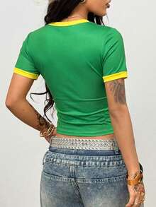 Coolane Maglietta estiva da donna taglie forti, stile streetwear da spiaggia, design a blocchi di colore verde e giallo con stampa a lettera, stile canotta da basket, adatta per il Brasile - Verde - Visualizzare 7