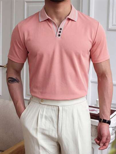 Manfinity Bizformal Camisa polo de manga corta con cuello para hombre, de tela de punto de ganchillo, camisa polo rosa para hombre, camisa polo con botones para hombre, atuendos regalos para esposo y novio, adecuado para salidas diarias, reuniones con amigos o fines de semana casuales, artículo versátil talla grande vendido en INS