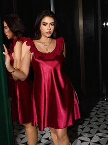 SilkySpell 酒红色加大码女士蕾丝边心形领露背性感修身缎面吊带睡裙 - 酒紅色 - 查看 7