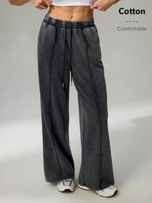 SHEIN Tall 雪洗女士抽绳阔腿运动裤 - 黑色 - 查看 4