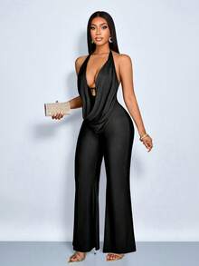 SOLERSUN Bộ jumpsuit nữ, gợi cảm và thanh lịch, phù hợp cho công sở, thiết kế đơn giản, cổ bèo nhún, chất liệu vải dệt kim màu nâu, trang phục nữ mùa xuân/hè, đi biển, hẹn hò. - màu đen - Xem 4