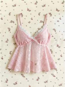 Elamini Women's Summer Vacation Contrast Lace Semi-Sheer Babydoll Cami Top - Pink - View 1