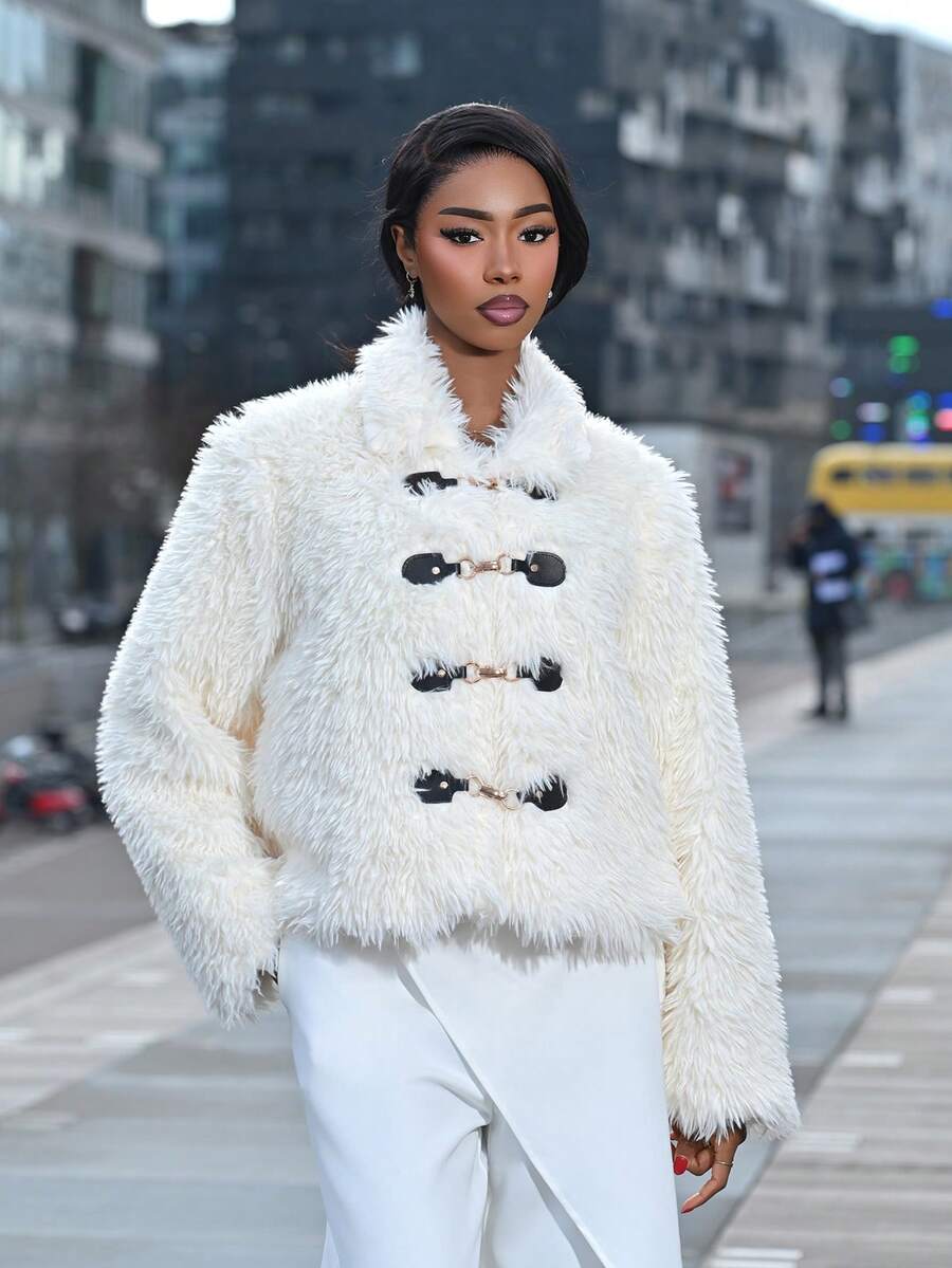 Mima John 秋冬女士长袖纽扣领仿皮草优雅夹克