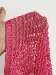 Maweii Plus Size Women's Sweater Set,Hot Pink,Autumn,Boho,Vacation,Holiday,Long-Sleeved Cutout Top & Skirt,Tassels,Seaside,,Elegant,Knitted Swimsuit Suit - Hot Pink - View 8